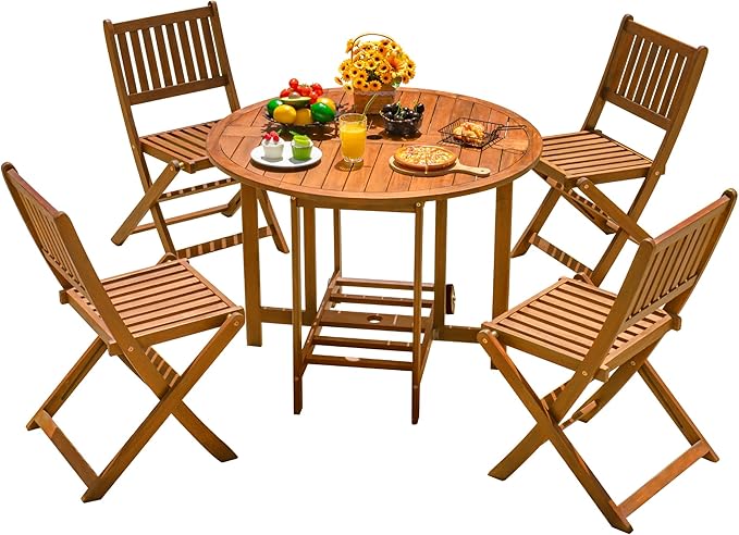 Devoko 5 PCS Patio Furniture, Patio Dining Set Acacia Wood Outdoor Table and by DEVOKO