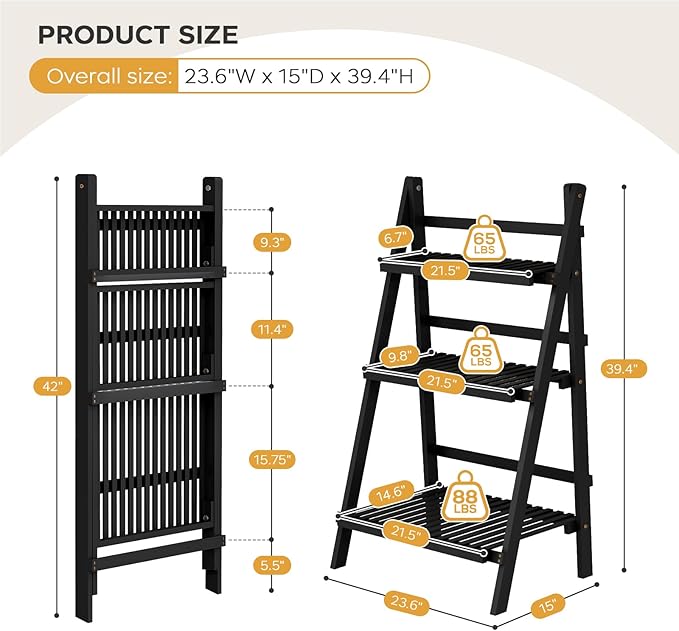 39.4" Foldable Plant Shelf Ladder Shelf, 3 Tier Bamboo Ladder Flower Pot - Image 2
