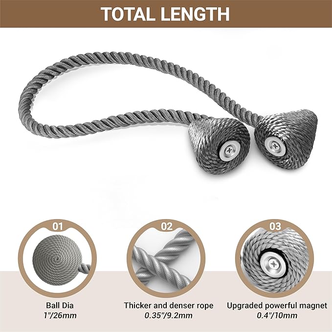 Hion Magnetic Curtain Tiebacks Grey 2pcs, Curtain Tiebacks Buckles Holdbacks - Image 3