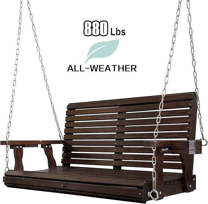 Wooden Porch Swing 2-Seater, High Backrest and Deep Seat, Bench Swing - Image 4