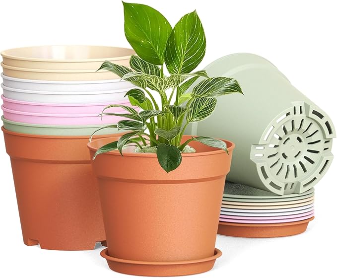 10 Pack 6 Inch Plant Pots with Drainage and Saucers, Plastic Flower Pots by SwinDuck