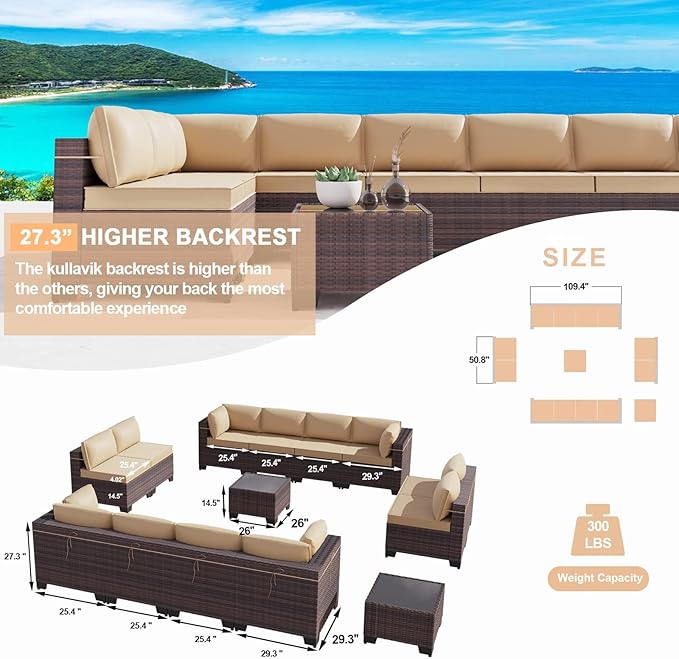 Kullavik 14 Pieces Outdoor Patio Furniture Set PE Wicker Rattan Sectional Sofa - Image 2