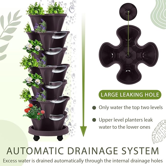 Umigy 2 Set Espresso Brown 7 Tier Vertical Planter Stackable Tower Planters - Image 5