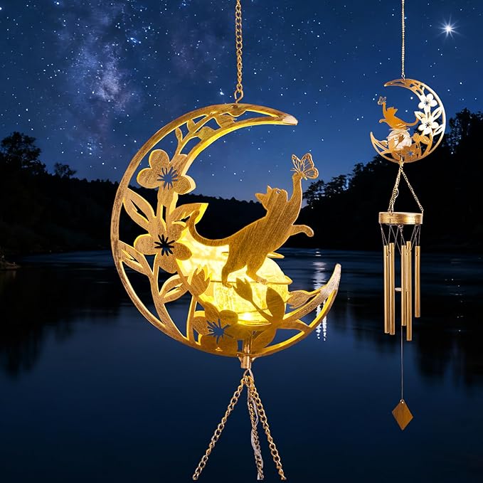 Moon Cat Wind Chime Outdoor 3-Chord, Handmade Metal Garden Wind Chimes by ShangTianFeng
