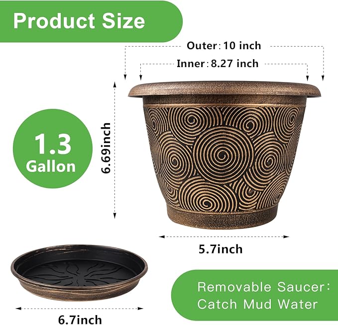 10 Inch Flower Pots Planters for Indoor Outdoor Plants, 3 Pack Plastic Large - Image 5
