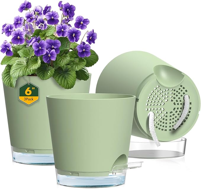 6 inch Self Watering Pots for Indoor Outdoor Plants, 3 Pack Flower Plant Pots by Meowell
