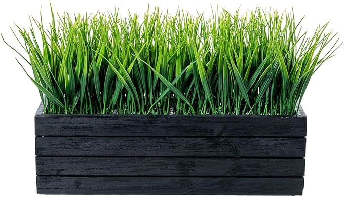 MyGift 14 Inch Artificial Green Grass Plant in Vintage Black Wood Planter - Image 6