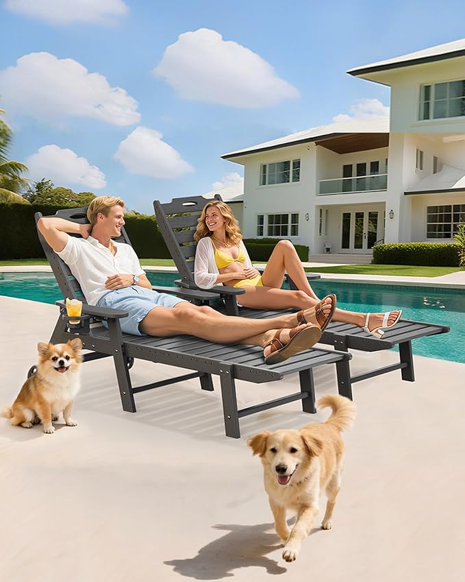 Carauci Lounge Chair Outdoor Set of 2, HDPE Chaise Lounge - Image 2