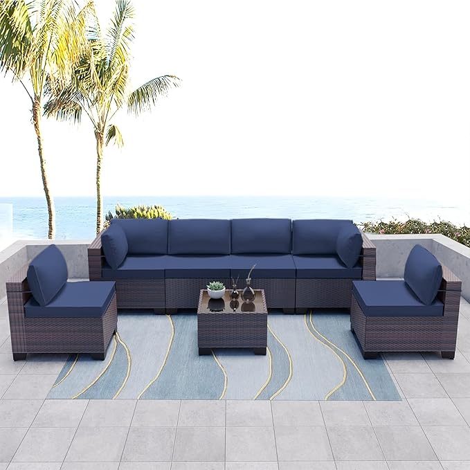 Kullavik 7 Pieces Outdoor Patio Furniture Set PE Wicker Rattan Sectional Sofa - Image 8