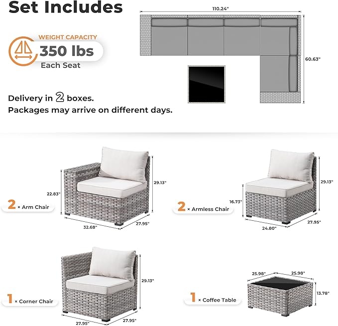 ovios 6 Pieces Patio Furniture Set, Outdoor Wicker Sectional Sofa - Image 2