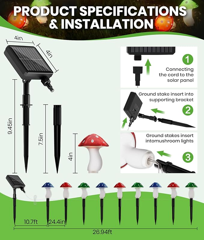 Solar Mushroom Lights Outdoor, 9 Pack 30FT Multicolor 8 Modes Solar Garden - Image 7