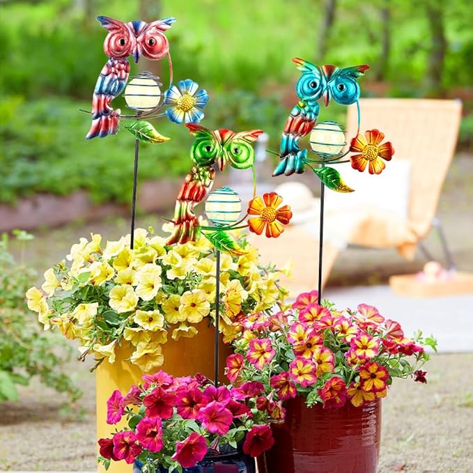 Set of 3 Owl Decorative Garden Stakes, Glow in The Dark Metal Yard Art - Image 4