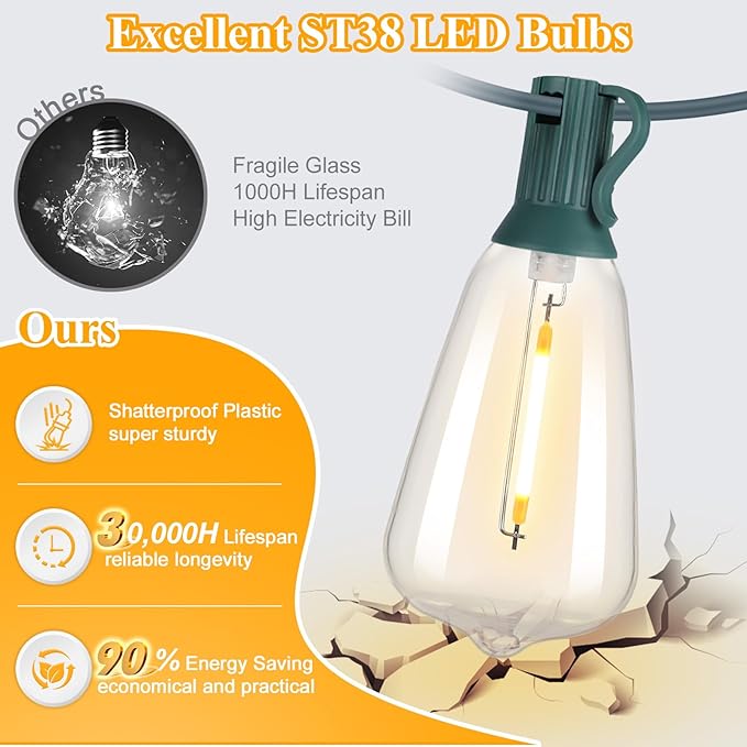 Brightever 50FT Outdoor String Lights Waterproof, 2700K Bright LED Patio Lights - Image 2