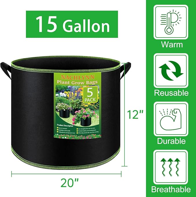NACHLYNN 5-Pack 15 Gallon Grow Bags Thickened Nonwoven Fabric Pots Heavy Duty - Image 2