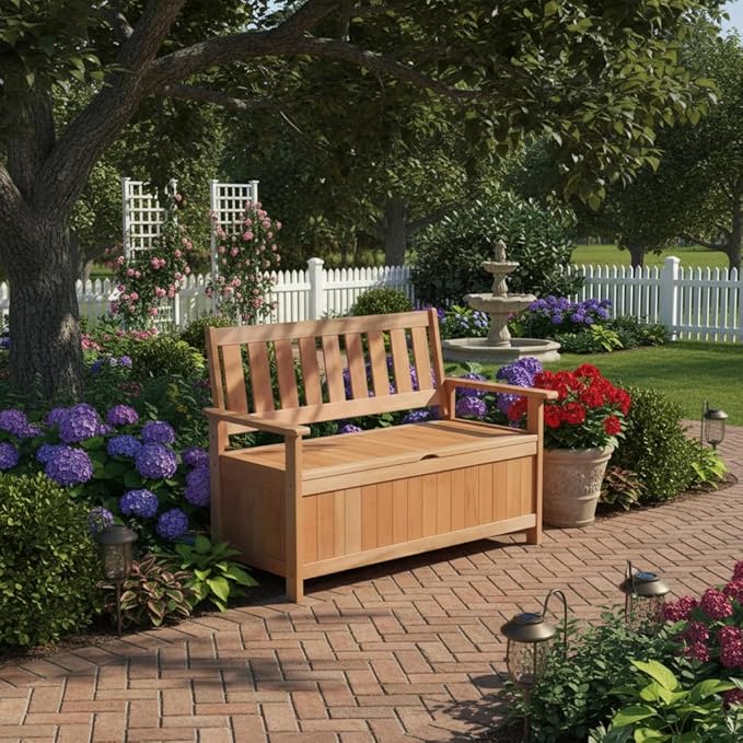 Tangkula 48 Inch Outdoor Wood Storage Bench Deck Box, Wooden Storage Loveseat - Image 4