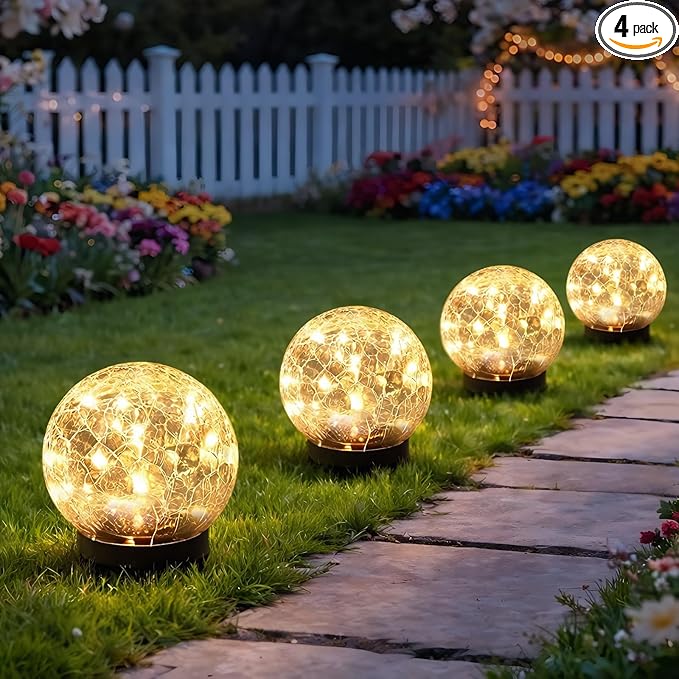 Solar Garden Lights Outdoor Waterproof, 4 Pack 30 LEDs Cracked Glass Ball Light by SyouHome