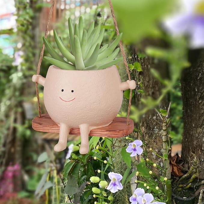 AFFLAT Smiley Face Flower Pot, Swinging Hanging Planter, Resin Smiley Face - Image 3