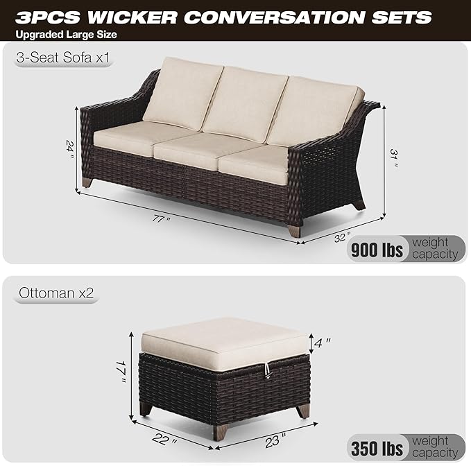 Joyside Patio Furniture Set, 3 Pieces Outdoor Wicker High Back Sofa - Image 2