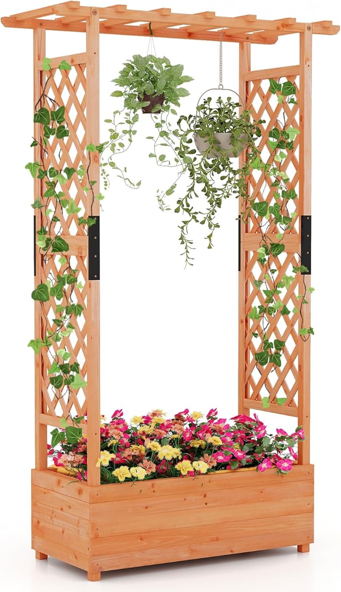 Giantex Raised Garden Bed with Trellis & Hanging Roof, Wood Planter Box with by Giantex