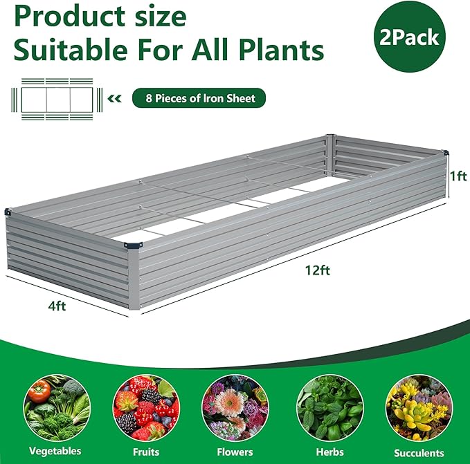 Vengarus 2 Pack 12x4x1FT Galvanized Raised Garden Bed Kit, Outdoor Metal - Image 2