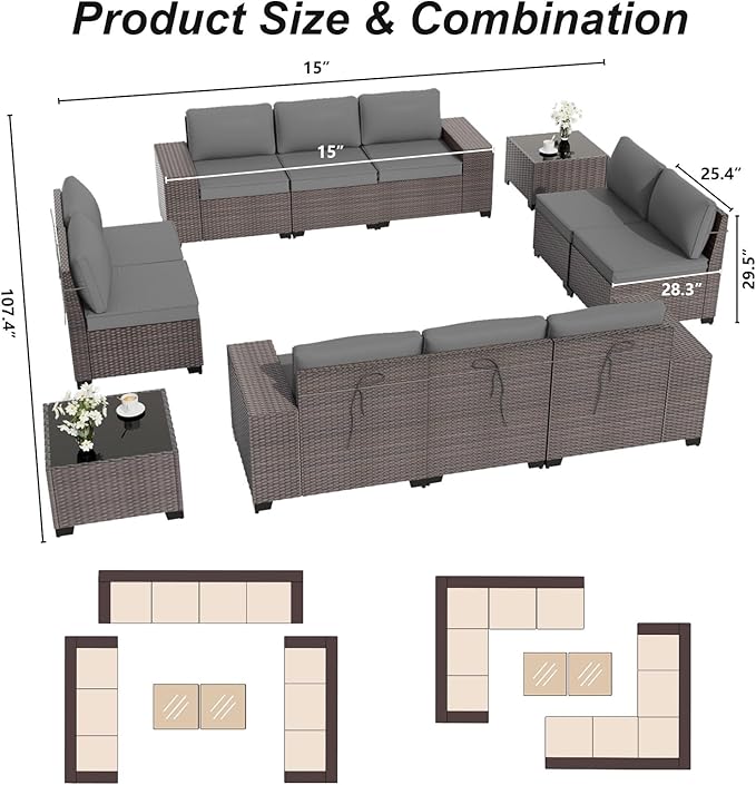 ALAULM 12 Pieces Outdoor Patio Furniture Set Sectional Sofa Sets Brown PE - Image 5