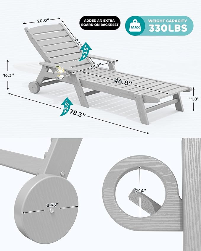SERWALL Patio Chaise Lounge Chair Set of 2, Poly Lounge Chair - Image 2