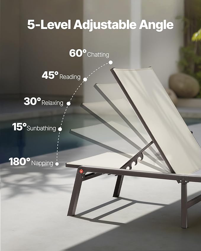VEVOR Outdoor Chaise Lounge Chair Set of 2, 400 lbs Weight Capacity, Foldable - Image 7