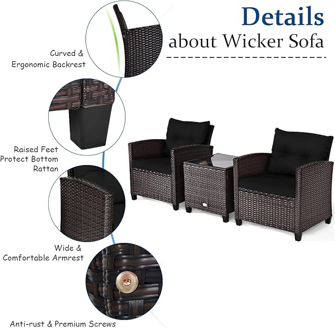Tangkula 3 Pieces Patio Furniture Set, PE Rattan Wicker 3 Pcs Outdoor Sofa Set - Image 7