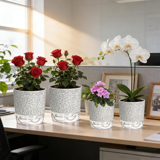 Self Watering Pots for Indoor Plants, 4/5.5 Inch Crackle Pattern Planters - Image 6