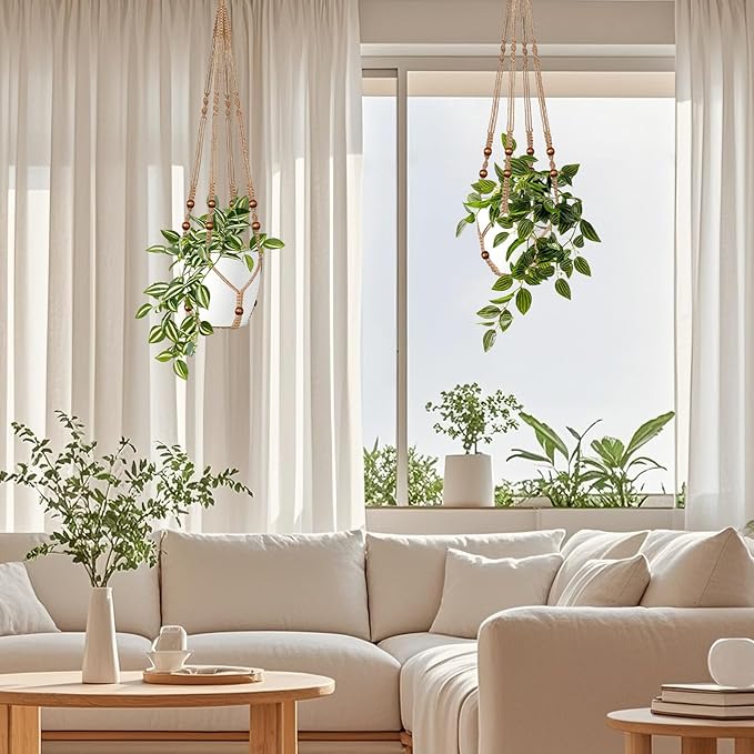 Jute Macrame Plant Hanger Indoor Set of 2 Hanging Planter Basket Flower Pot - Image 2