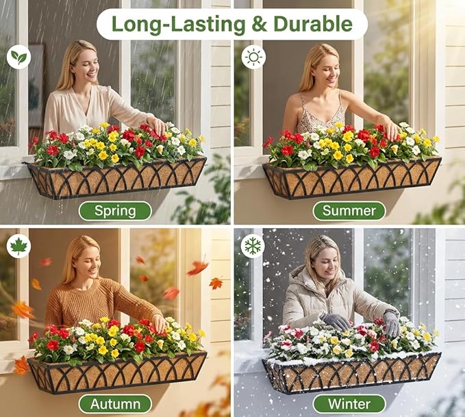 Y&M 30 Inch Window Deck with Coco Liner, Fence Metal Hanging Flower Planter - Image 5
