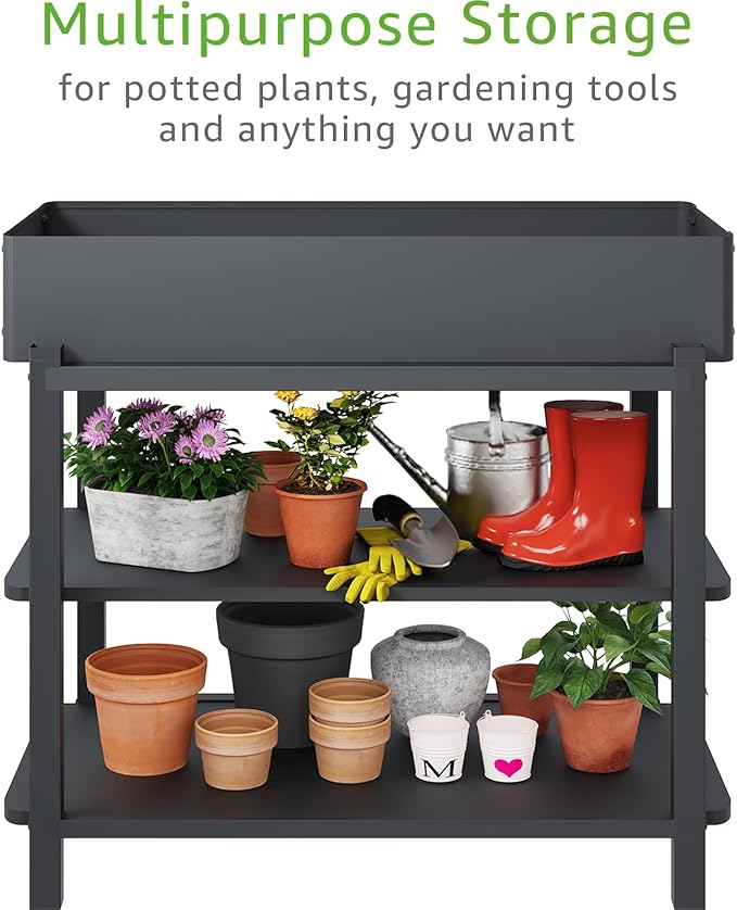 Metal Raised Garden Bed with Trellis & 2-Tier Storage Shelf, Elevated Planter - Image 4