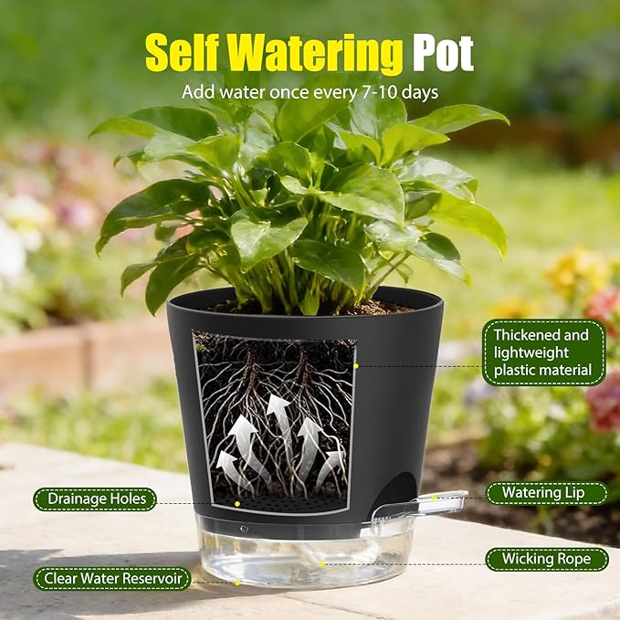 Plant Pots 4/5/5.5/6/6.5/7 Inch Self Watering Pots, 6 Pack Plastic Planters - Image 4