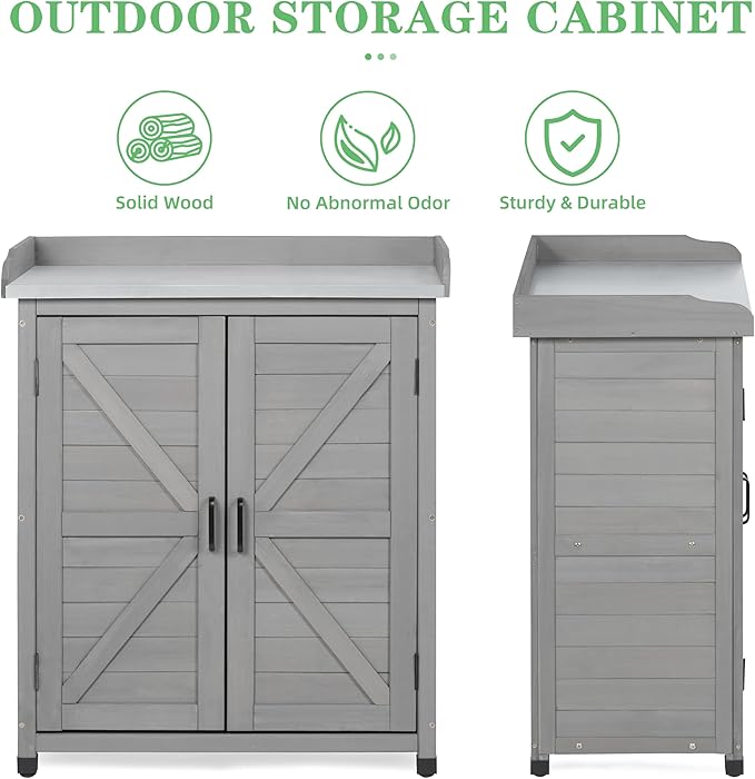 Outdoor Potting Bench with Storage Cabinet and Metal Top, Wood Workstation - Image 4