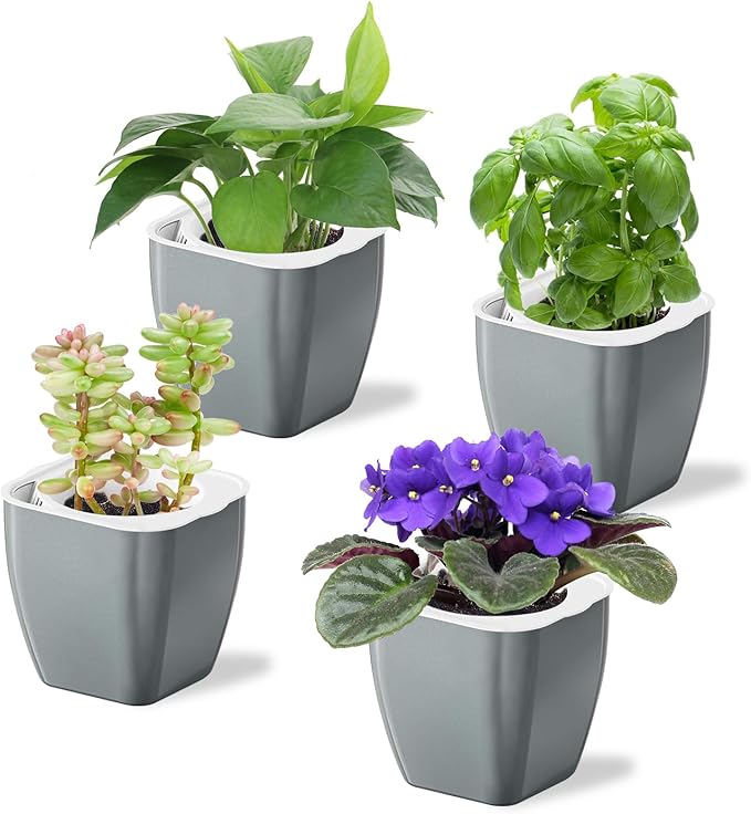 4 Pack Self Watering Pots 4-inch Decorative Flower Planters by Oliz