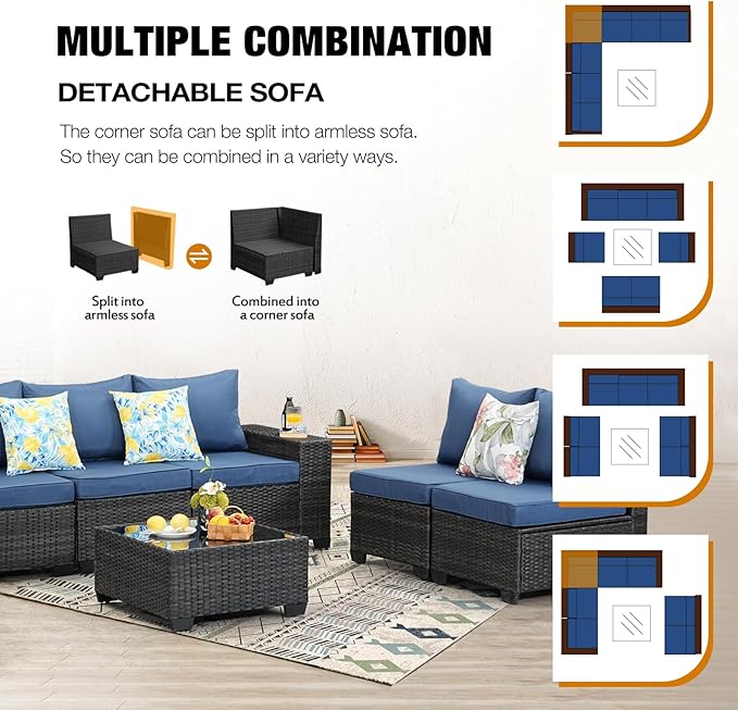 8 Pieces Patio Furniture Set All-Weather Outdoor Wicker Sectional Conversation - Image 6