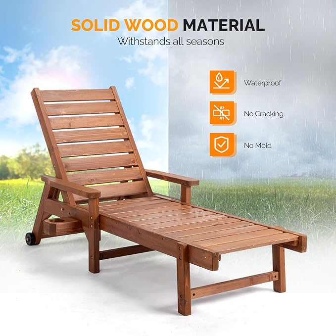 VINGLI Outdoor Chaise Lounge Chair, Wooden Patio Lounger Chair - Image 5