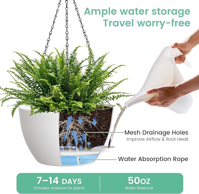 13 Inch 2 Pack Large Self Watering Hanging Planters - Image 3