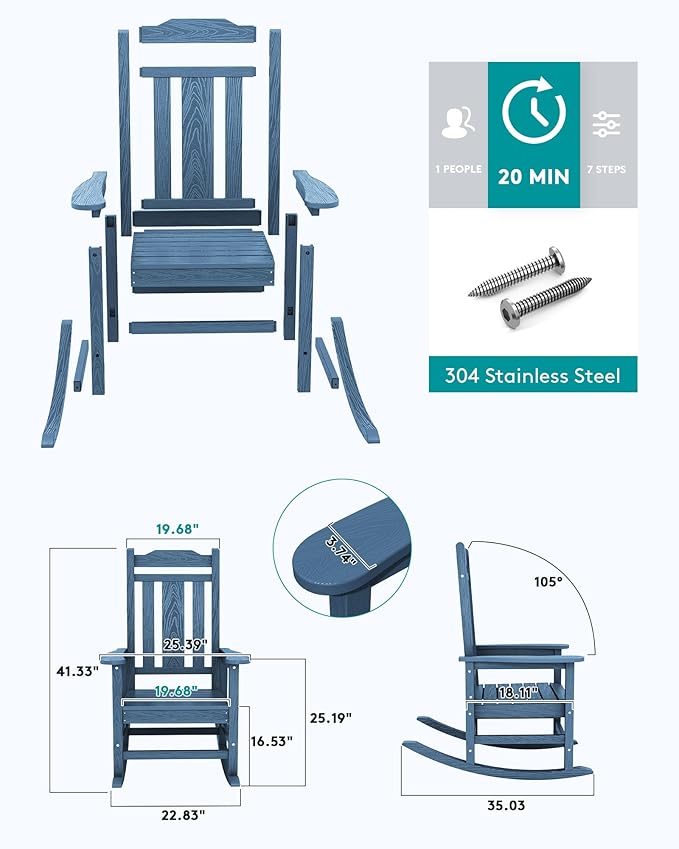 SERWALL Outdoor Rocking Chair Blue Set of 8, All Weather Patio Rocking Chair - Image 4