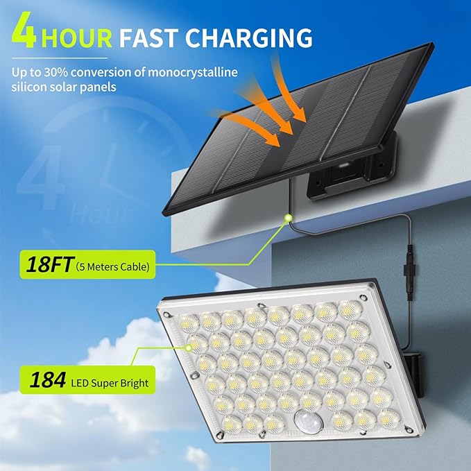 184 LED Solar Lights Outdoor, Waterproof Solar Motion Sensor Flood Lights - Image 3