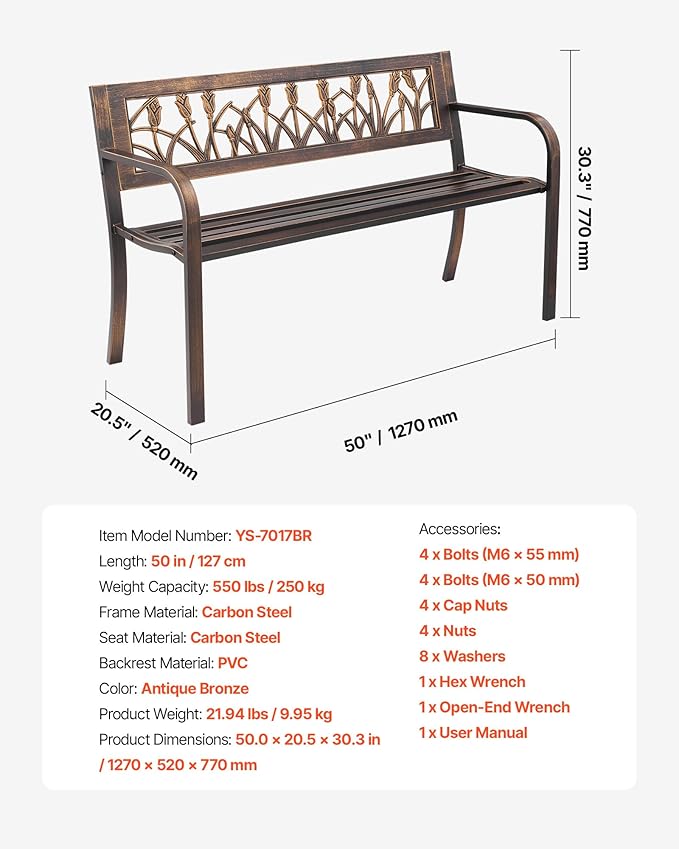 VEVOR Outdoor Bench, 50 inch, Carbon Steel Metal Frame - Image 8