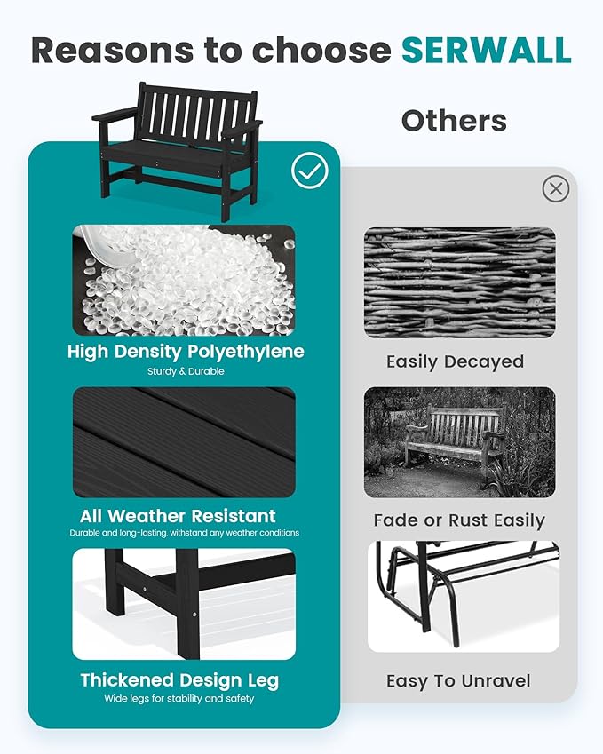 SERWALL Outdoor Bench, HDPE Outdoor Benches Weatherproof, 2-Person Garden Bench - Image 9
