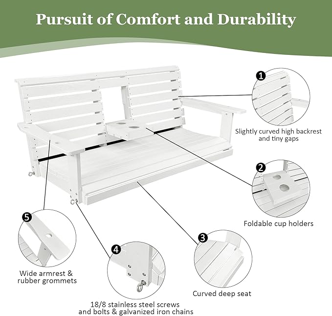 Poly Lumber 3-Seat Porch Swing, HIPS 5-Feet Bench Swing - Image 5