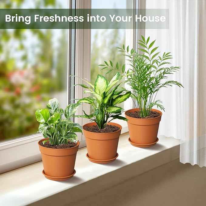 10 Pack 6 Inch Plant Pots with Drainage and Saucers, Plastic Flower Pots - Image 2