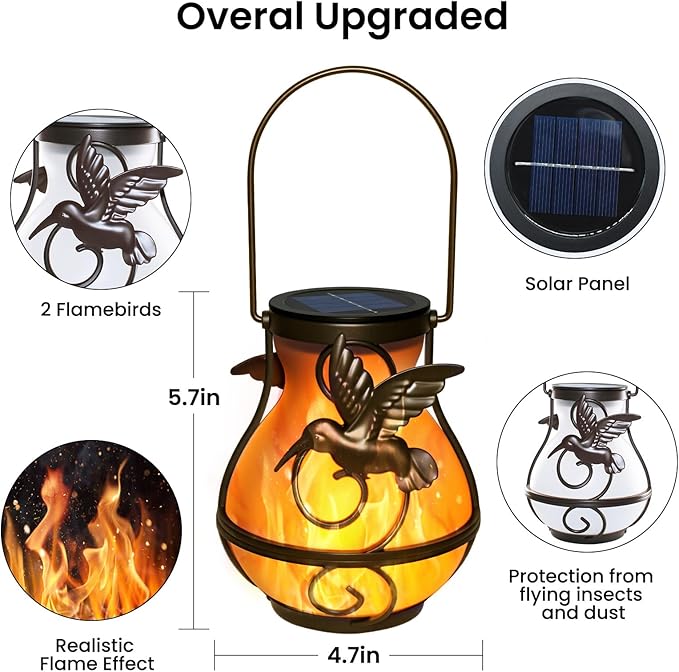 2 Pack Solar Lanterns Outdoor Waterproof, Hanging Hummingbird Flickering Flame - Image 7