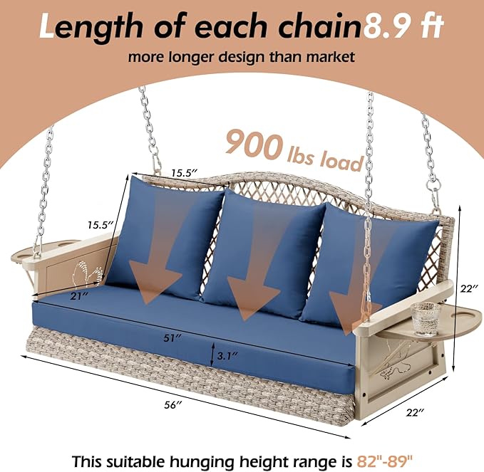 Upgraded Wicker Hanging Porch Swing Heavy Duty 900 LBS 3-Seat Outdoor Patio - Image 7