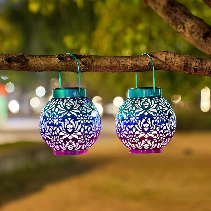 2 Pack Outdoor Solar Hanging Lantern Lights Metal LED Decorative Lamp - Image 5