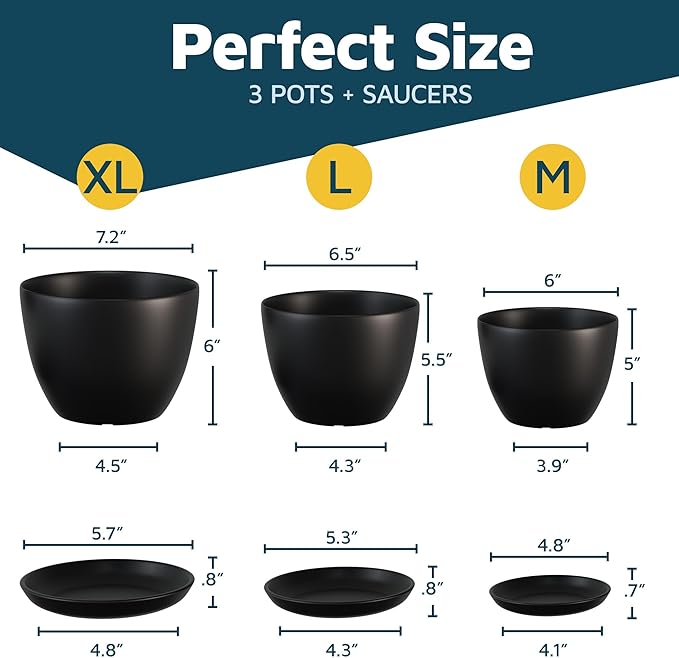 Black Plant Pots with Drainage Holes & Saucers 3 Pack, Indoor & Outdoor - Image 2