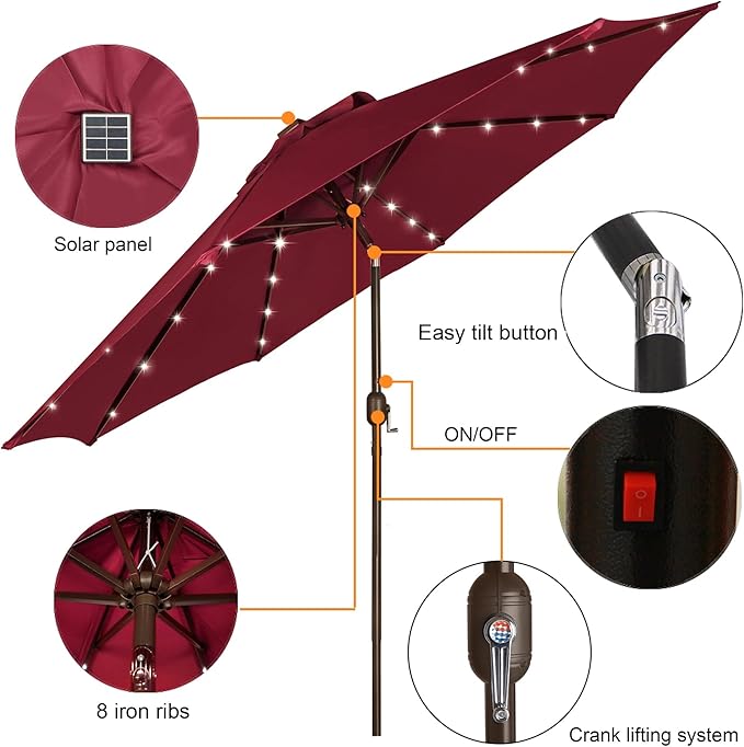 Blissun 9 ft Solar Umbrella, 32 LED Lighted Patio Umbrella, Table Market - Image 2