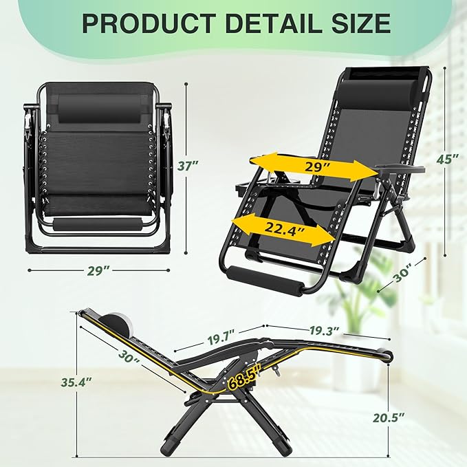 Suteck Oversized Zero Gravity Chair, 29In XL Outdoor Recliner Chair w/Removable - Image 2